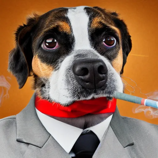 Image similar to a high detail closeup photograph of a dog wearing a suit 👔,and smoking a cigarrette🚬, award wining photograph