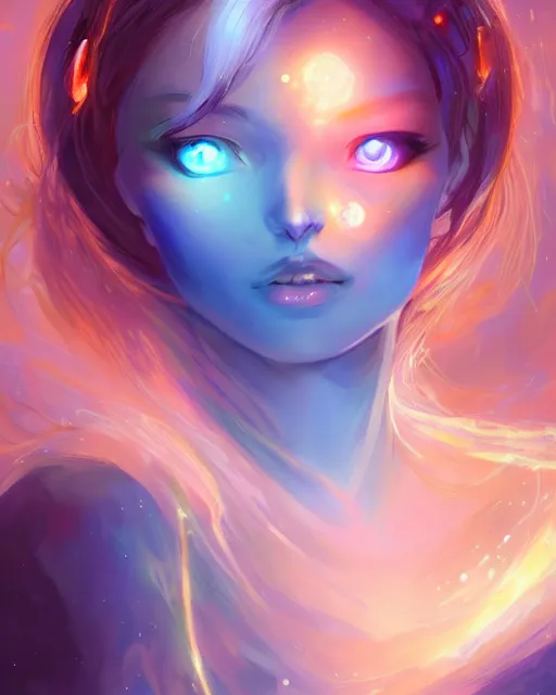 Image similar to A realistic anime portrait of a beautiful cosmic woman with glowing blue eyes and cosmic skin wearing clothes made of universes, digital painting, by Stanley Artgerm Lau, Sakimichan, WLOP and Rossdraws, digtial painting, trending on ArtStation, SFW version