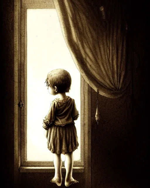 Image similar to creepy child, hopelessness, staring out, sepia, victorian, poor, ultra realistic, concept art, intricate details, cinematic, highly detailed