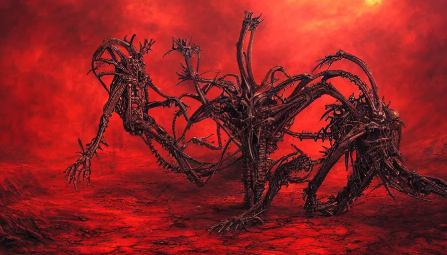 Prompt: landscape artwork of two demons hugging each other emerging from corpses in a red hellscape by Yoshitaka Amano, by HR Giger, full body wide shot, biomechanical, 4k, hyper detailed, hyperrealism, anime, red sky, blood and body parts, deviantart, artstation