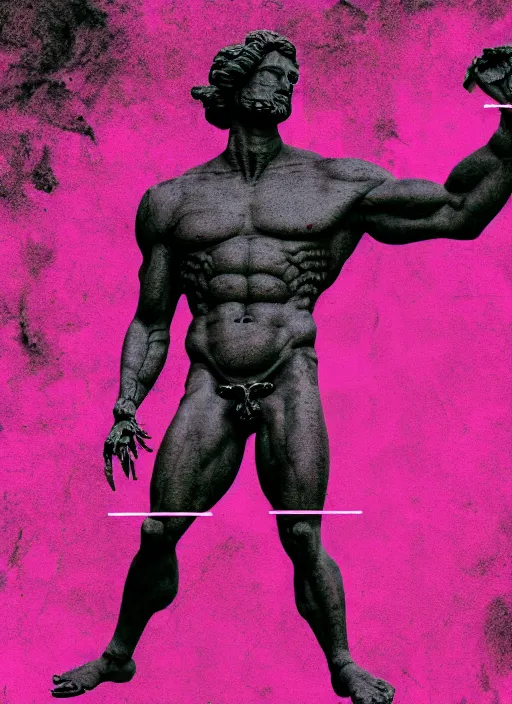 Image similar to black background, statue of hercules, ( ( ( skeleton ) ) ), grey, thin lines, dark, red and purple grid and lines, glitch art, neo vaporwave, gritty, movie poster, layout design, trending on artstation