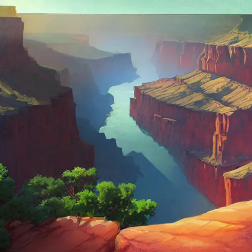 Image similar to concept art painting of a grand canyon filled with water, realistic, detailed, cel shaded, in the style of makoto shinkai and greg rutkowski and james gurney