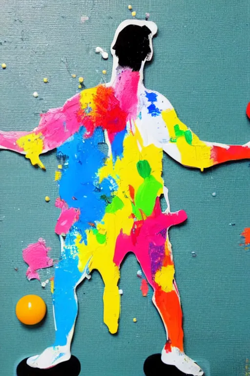 Image similar to figure made out of paint splatters playing ping pong, artwork, paddle and ball