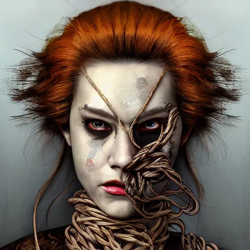 Image similar to portrait of a Shibari rope wrapped face and neck, headshot, insanely nice professional hair style, dramatic hair color, digital painting, of a old 15th century, old cyborg merchant, amber jewels, baroque, ornate clothing, scifi, realistic, hyperdetailed, chiaroscuro, concept art, art by Franz Hals and Jon Foster and Ayami Kojima and Amano and Karol Bak,