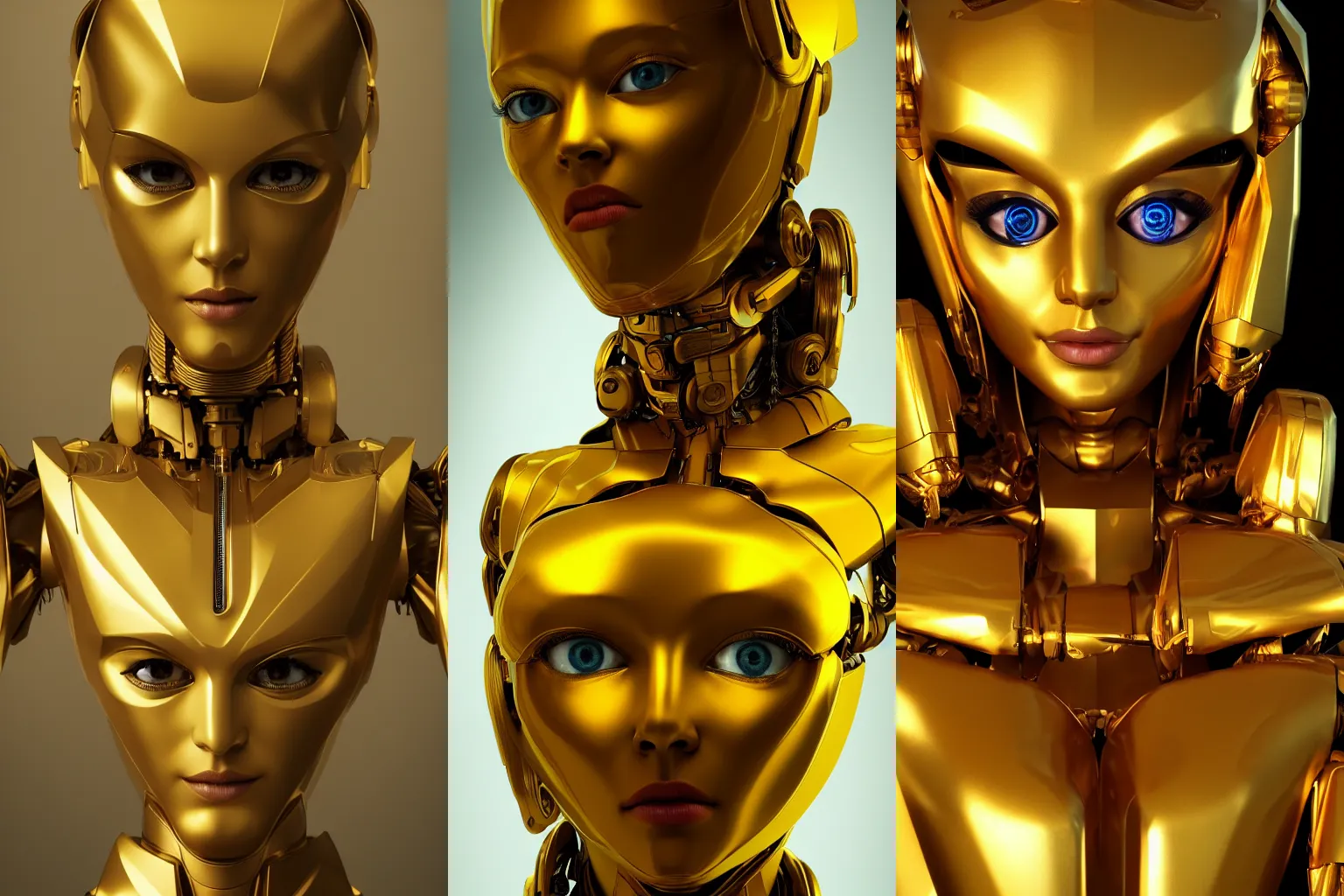 Prompt: maria of metropolis, the golden humanoid robot, beautiful face, full length portrait, scifi, fritz lang, futuristic, raytracing, dreamy, yellow neon cyborg eyes, sharp focus, cinematic lighting, highly detailed, artstation, divine, by gauthier leblanc, kazuya takahashi, huifeng huang