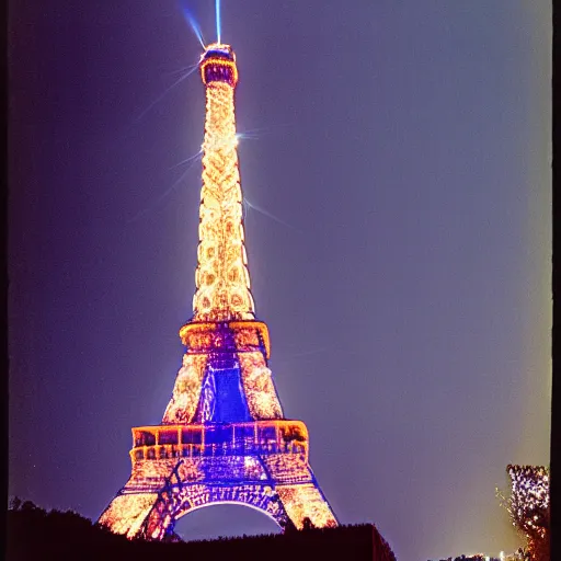 Prompt: a photograph of a lightning striking the eiffel tower, blue sparkles all around, taken on medium format film, hyperrealistic, very detailed