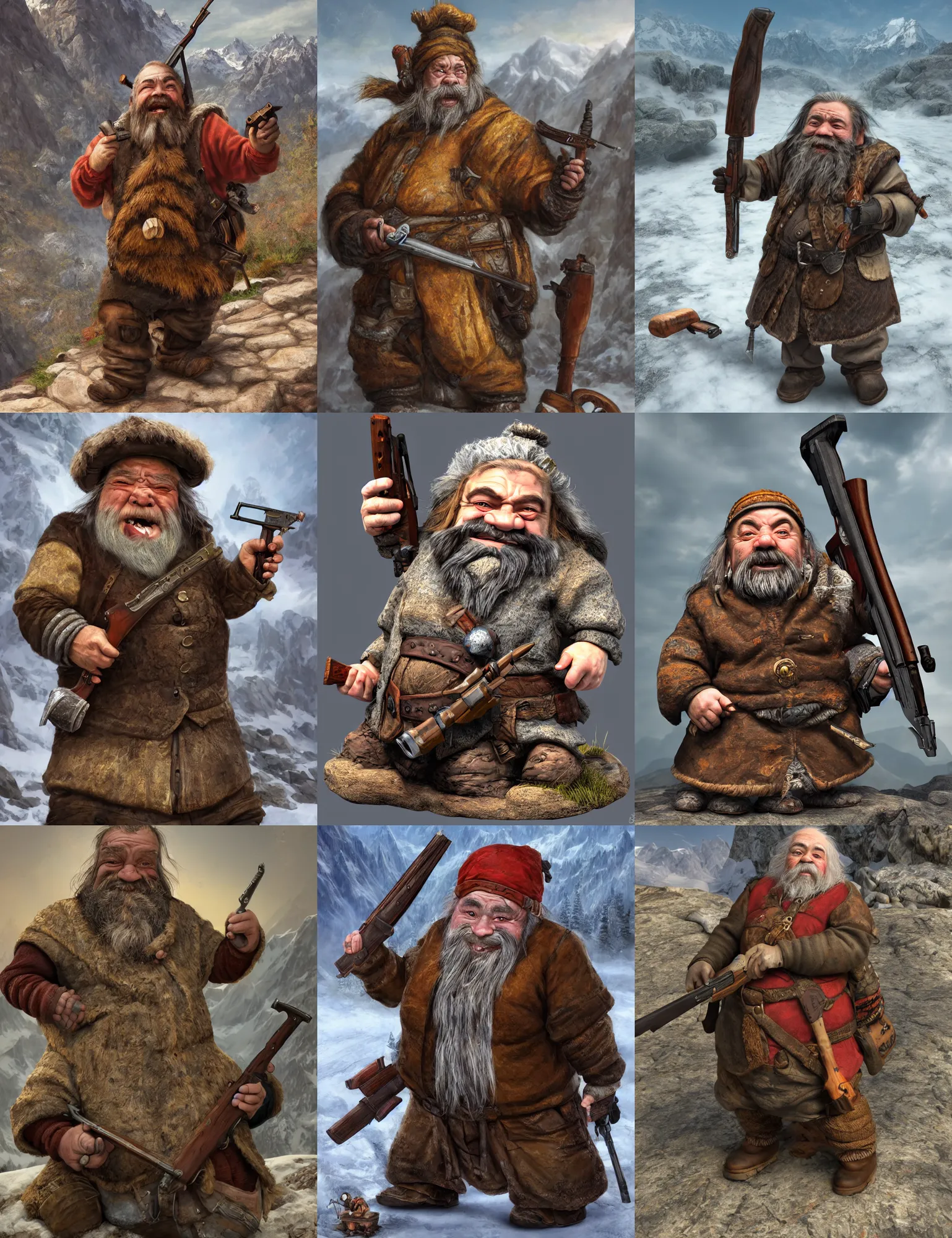 Prompt: old crazy dwarf with shotgun in mountains, 8 k, detailed, realism