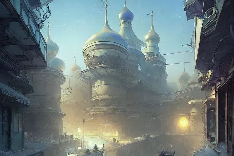 Image similar to It’s dreamy on the streets of Russian panel houses quarters on the Moon city, Norilsk, sci-fi, fantasy, intricate, very very beautiful, elegant, highly detailed composition, digital painting, artstation, concept art, smooth, sharp focus, illustration, art by artgerm and greg rutkowski and alphonse mucha