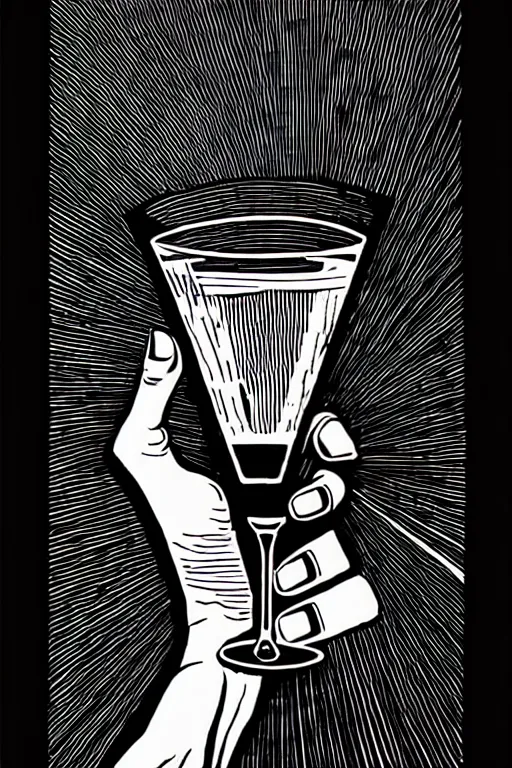 Prompt: an old mans hand holding a martini, bold line art, by vincent di fate inking, etching, screen print, masterpiece, sharp, high contrast, hyper - detailed, hd, 4 k, 8 k