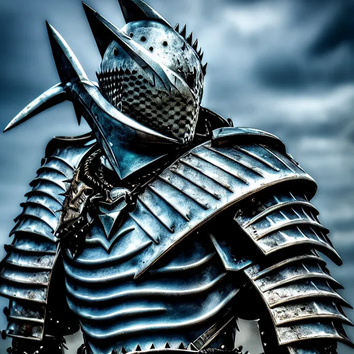 Image similar to photo of a warrior with metal shark themed armour, highly detailed, 4 k, hdr, smooth, sharp focus, high resolution, award - winning photo