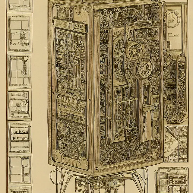 Prompt: beautiful, symmetric, art nouveau, detailed, intricate technical drawings on parchment from 1 8 4 0 with extensive written labels and covered in scribbled pencil notes in open space, for a mechanical display attachment to babbage's difference engine, showing a screen playing tetris, by ron cobb and alphonse mucha