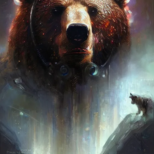 Image similar to stunning portrait of a brown bear, painting by Raymond Swanland, cyberpunk, sci-fi cybernetic implants hq