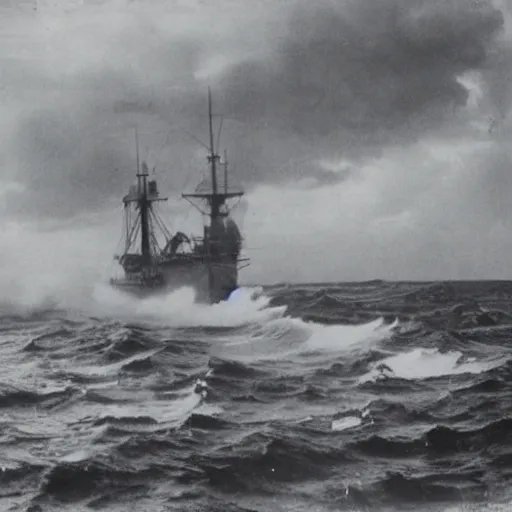 Prompt: giant anomalous machine in the middle of a violent stormy ocean, 1900s photograph