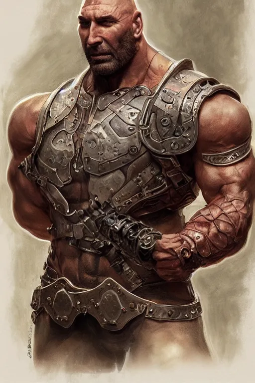 Image similar to ultra realistic illustration,, a hulking herculean dave bautista with leather armour, from doom and warhammer, intricate, elegant, highly detailed, digital painting, artstation, concept art, smooth, sharp focus, illustration, art by artgerm and greg rutkowski and alphonse mucha