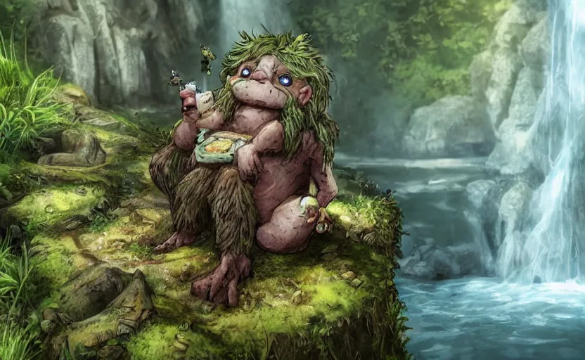 Prompt: a worn down troll made of stone with vegetation all over it relaxing in a stream of river next to a waterfall, a cute small robot on his shoulder sleeping, concept art, detailed, artstation, colourful lightning, sparkly water, peaceful, 4 k