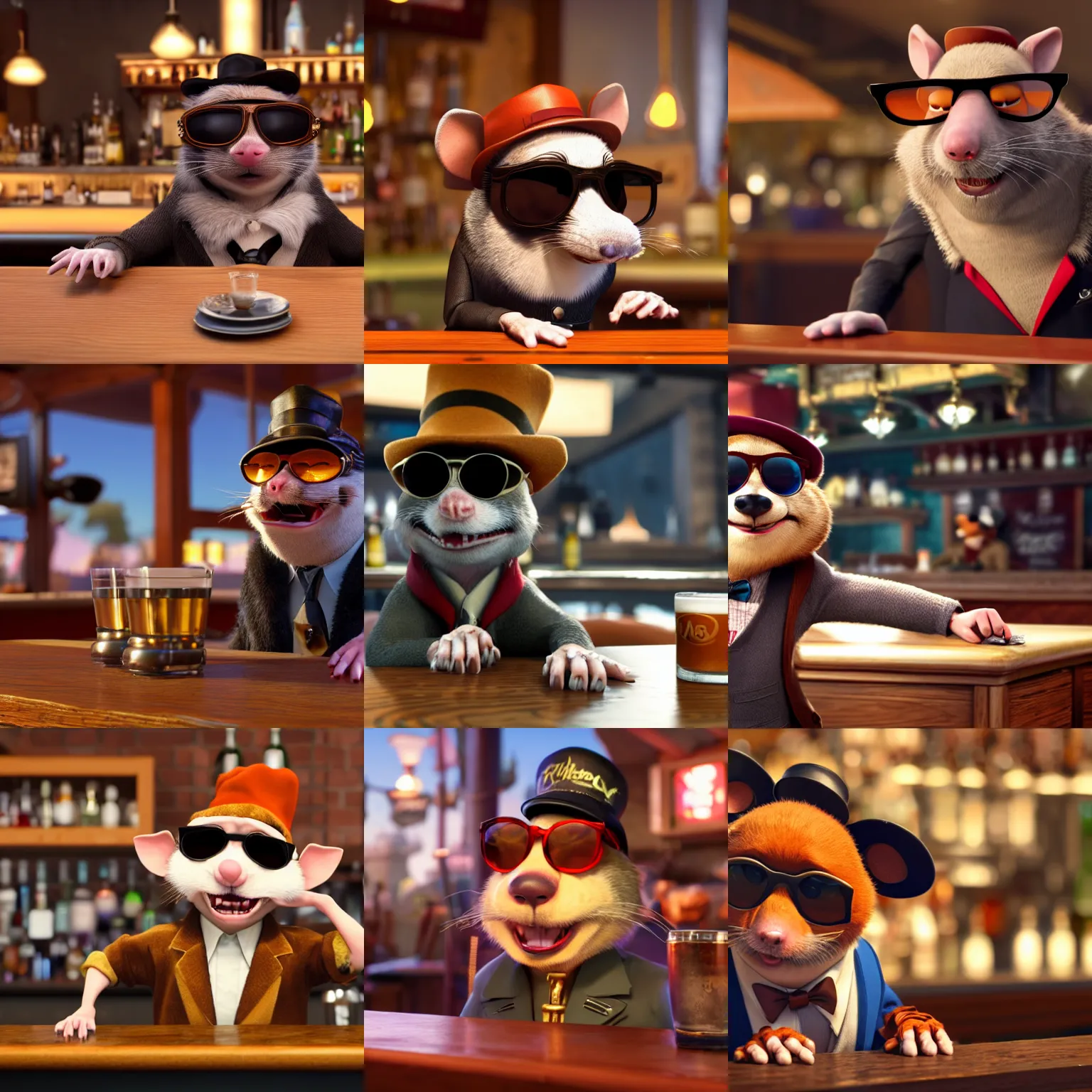 Prompt: a still of an anthropomorphic gangster rat, wearing sunglasses and a mafia-style hat, long fur, sitting at a bar in a DIsney Pixar movie, 35mm f2.8, 4k, artstation, PBR materials, Pixar renderman render