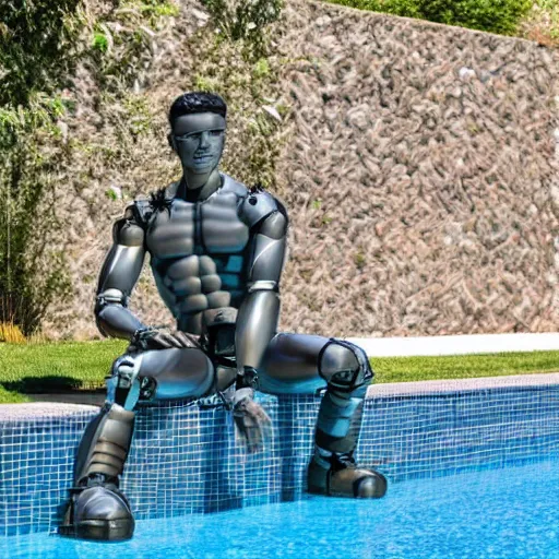 Prompt: a realistic detailed photo of a guy who is an attractive humanoid who is half robot and half humanoid, who is a male android, wrestler nick suriano, shiny skin, posing like a statue, blank stare, by the pool, on display, showing off his muscles, humanoid robot, frozen ice statue