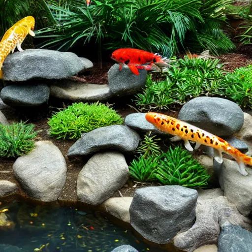 Prompt: popcorn boulders in a jungle landscape, gum drop koi pond