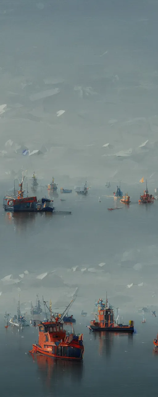 Prompt: fishing vessels in the bay, finnian macmanus lowpoly