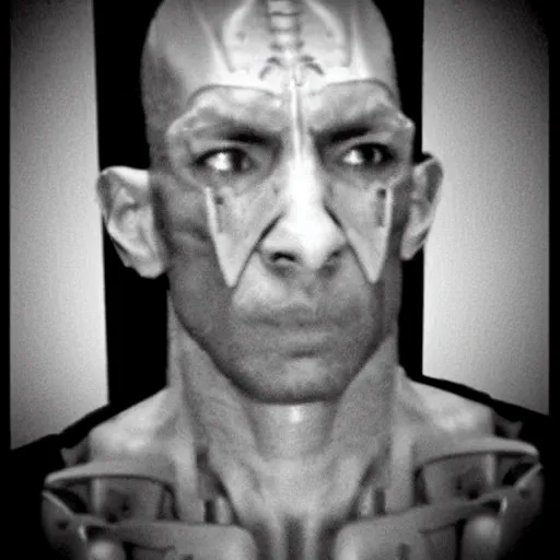 Image similar to grainy photo of an ugly cyborg criminal man, bionic implants, bionic implants, cyborg criminal