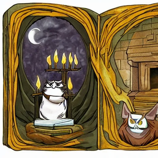 Image similar to figures in cloaks sit in front of a jade sacrificial altar behind which is a huge stone carving of their diety grumpy cat which glistens among the torches and moonlight, a gold cloaked figure preaches from a leatherbound book of memes as the moon begins to eclipse for their dark ritual