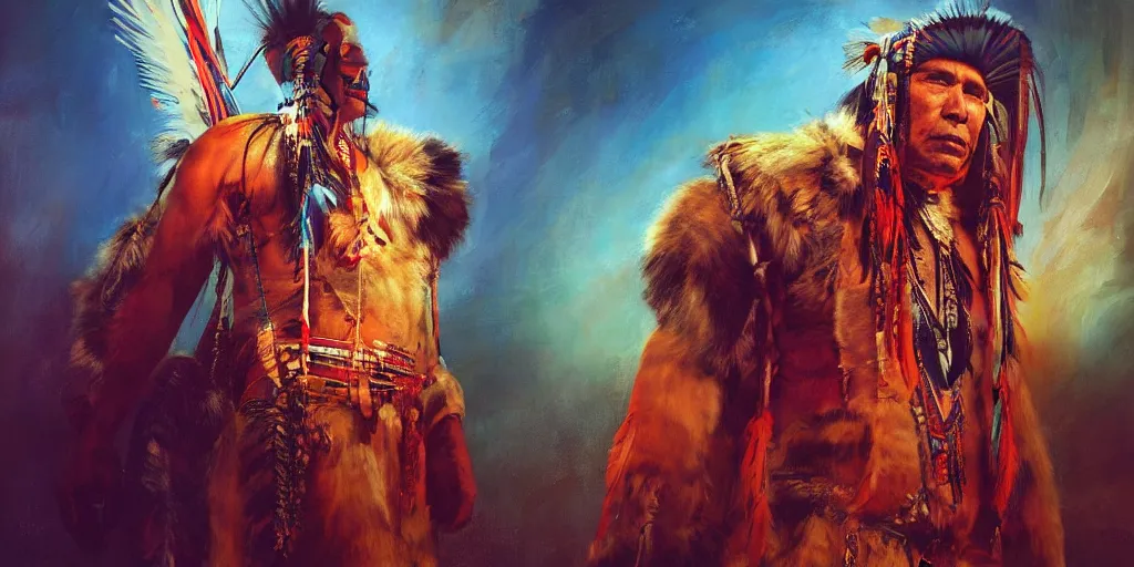 Prompt: of Native American Chief by P Liam Wong and Boris Vallejo