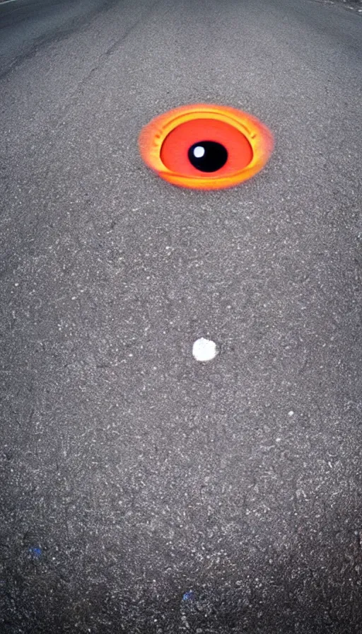 Prompt: photo of a giant eye open on an asphalt road, realistic photo, shot with a gopro, looming, colorful, eerie