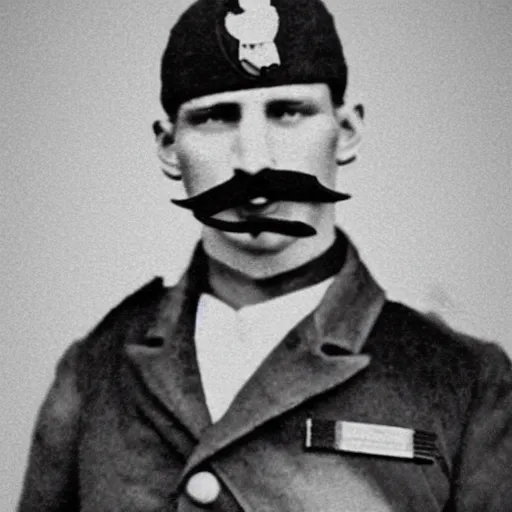 Image similar to A photograph portrait of Jerma985 with a pyramidal mustache as a soldier in the military in the mid-late 1800s, taken in the mid-late 1800s, 1860s, grainy, taken on a Field View Camera, realistic, hyperrealistic, very realistic, highly detailed, very detailed, extremely detailed, detailed, digital art, trending on artstation