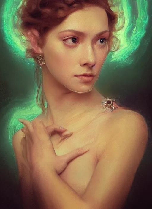 Image similar to a highly detailed photo of very intricate female face portrait, futurism, rococo cyber neon lighting, detailed futuristic fibonacci jewelry, profile posing, hyper photorealistic, trending in pinterest, cinematic, 4 k ultra hd, by denis villeneuve tom anders zorn hans dragan bibin thoma greg rutkowski ismail inceoglu illustrated sand storm alphonse mucha