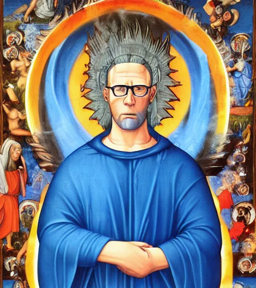 Image similar to hank hill as the god of propane, white tshirt, blue jeans, surrounded by blue fire and blue flames, renaissance religious painting, late gothic religious paintings, byzantine religious art, painting by duccio di buoninsegna and carlo crivelli, trending on artstation