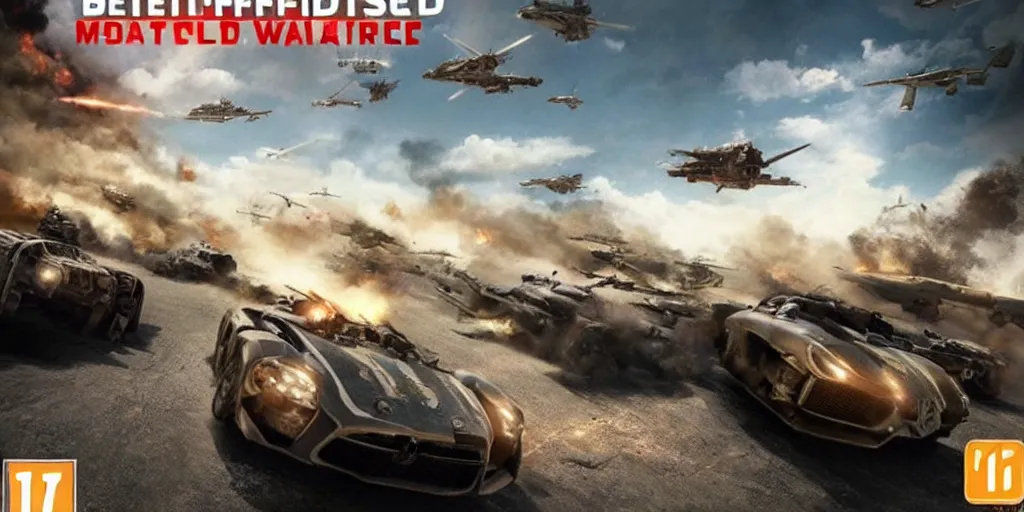 Prompt: battlefield : most wanted, futuristic war racing videogame cover