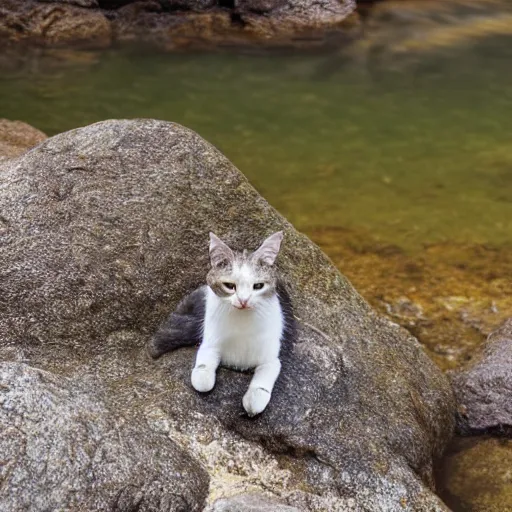 Prompt: sea cat sits on the wet rock near sea, photo, high detailed