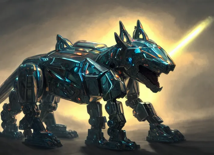 Image similar to hyper realistic, epic, highly detailed cinematic shot of a gigantic feral robot mecha canine, sharp dragon claws, detailed glowing head, metal ears, cannon mounted on back, sleek armor, glowing visor, destroying city, digital art, furry art, macro art, dragon art, furaffinity, deviantart, sofurry