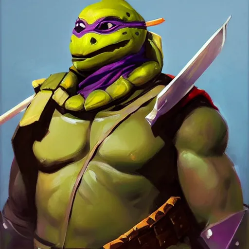 Image similar to greg manchess portrait painting of armored donatello of tmnt as overwatch character, medium shot, asymmetrical, profile picture, organic painting, sunny day, matte painting, bold shapes, hard edges, street art, trending on artstation, by huang guangjian and gil elvgren and sachin teng