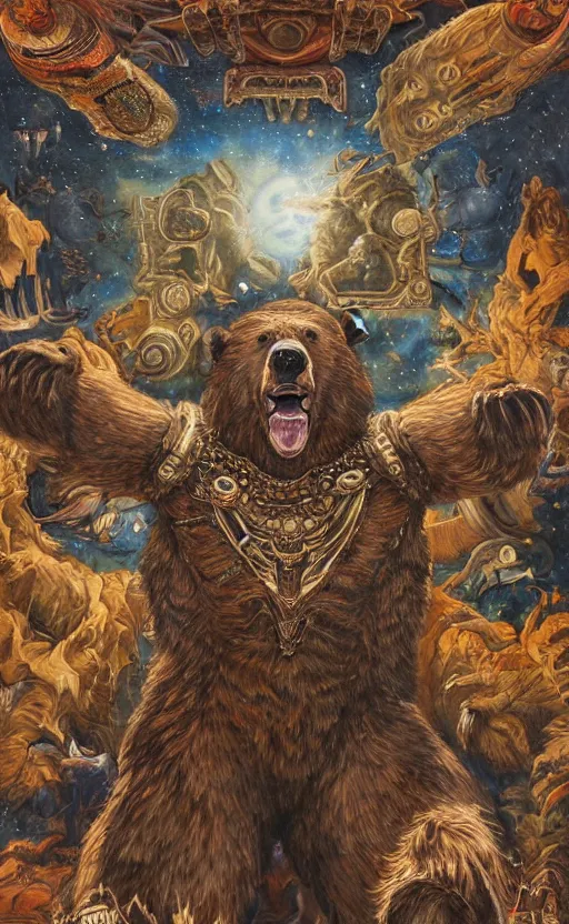 Image similar to mural of a bear beast-man, sci fi weapon, royal ornaments, reaching towards the heavens, sci fi world, holy imagery, highly detailed, beautiful colors, renaissance mural, mural in the style of sandro boticceli, sandro boticceli