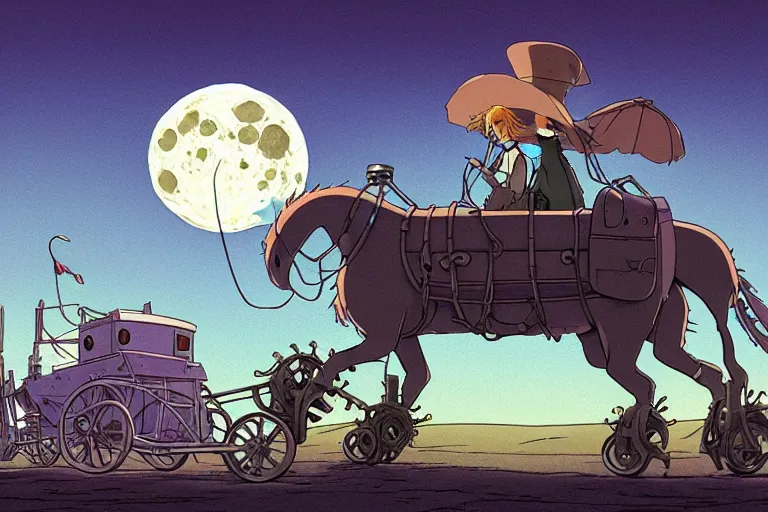 Image similar to a cell shaded cartoon of a lovecraftian mechanized horse from howl's moving castle ( 2 0 0 4 ), on a desert road, in front of a full moon, full body, wide shot, very muted colors, post grunge, studio ghibli, laurie greasley, highly detailed, deviantart, art by artgem