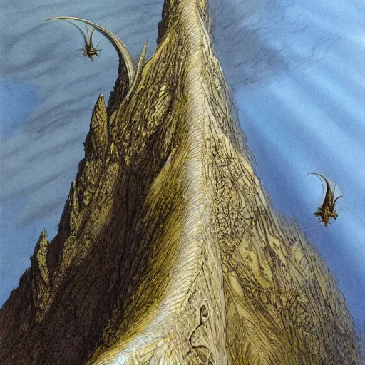 Prompt: dragons circling a tall mountain spire, by john howe