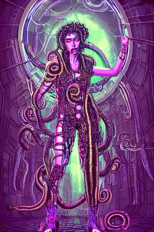 Image similar to Perfectly-centered hyperdetailed symmetrical cinematic surreal arthouse aetherpunk RPG professionally made portrait-illustration of a cyberpunk Medusa dressed in a cosmic horror dress with long ravepunk snakes as hair standing next to luminiscent otherworldly towers, neon-noir lovecraftian blurred background, HDR digital art in comic-book cover style, 3D rim light, professional post-processing, 3d final render, masterpiece, trending on Gsociety and Artstation