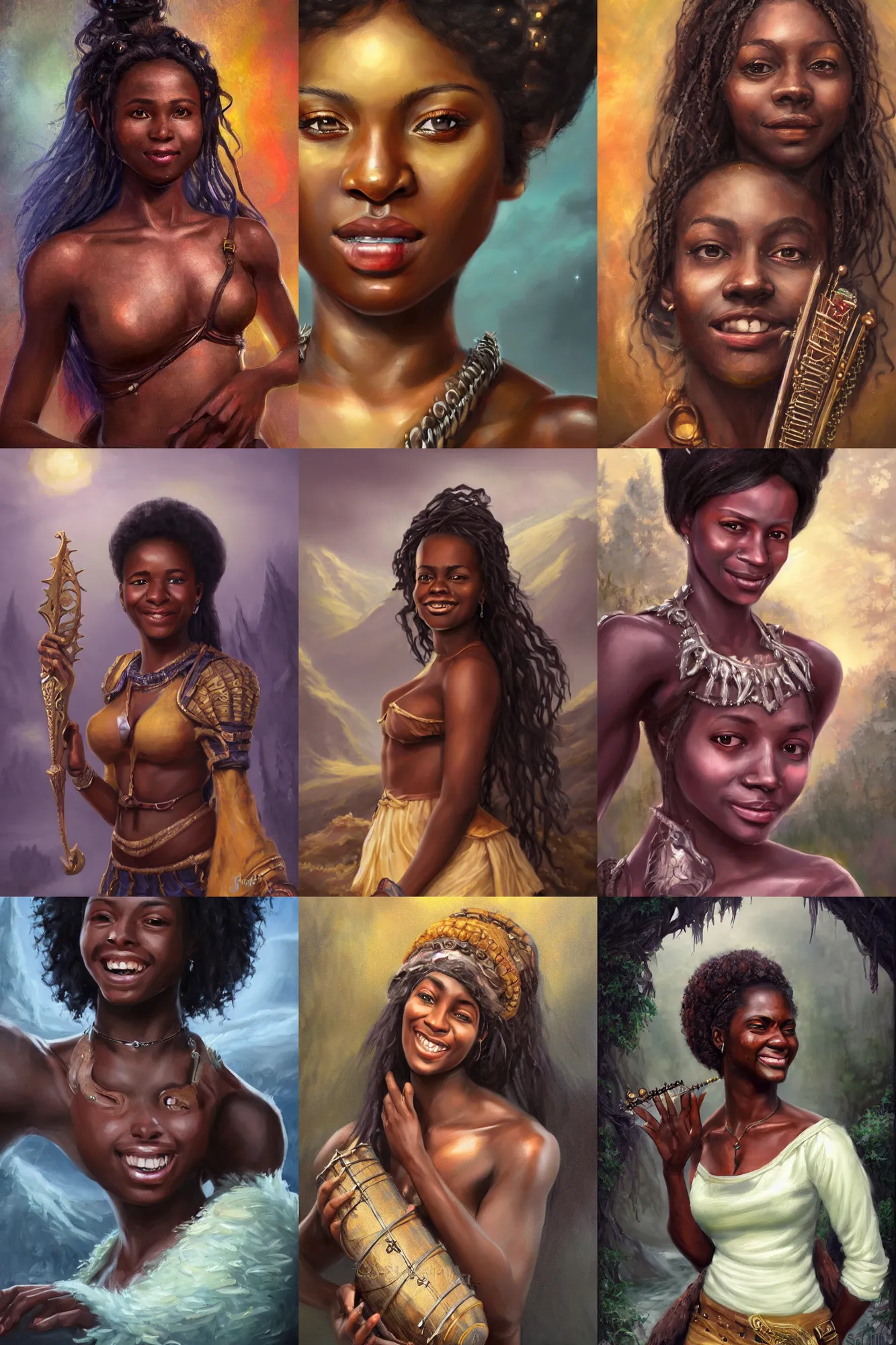 Image similar to a full body high detail fantasy portrait oil painting illustration of a single beautiful smiling bard dark skinned woman by justin sweet with face and body clearly visible, in a scenic background, pretty eyes, realistic proportions, d & d, rpg, forgotten realms, artstation trending, high quality, sombre mood, artstation trending, muted colours, entire person visible!