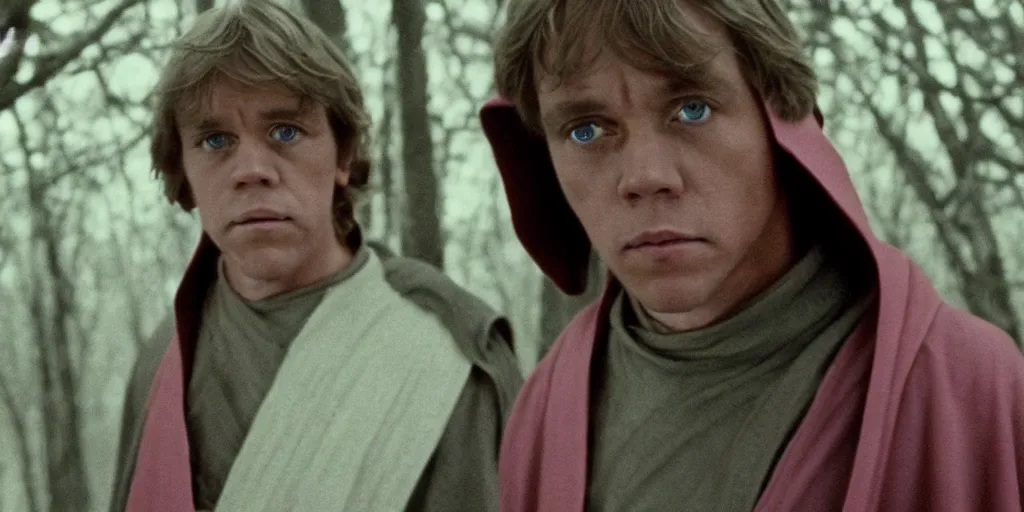 Image similar to screenshot of Luke Skywalker in dark jedi robe is lost on a surreal pink planet with black trees, minamilist 1970s sci fi film by Stanely Kubrick film, color kodak, Ektachrome, anamorphic lenses, detailed faces, hyper-realistic, photoreal, detailed portrait, moody award winning cinematography, beautiful lighting