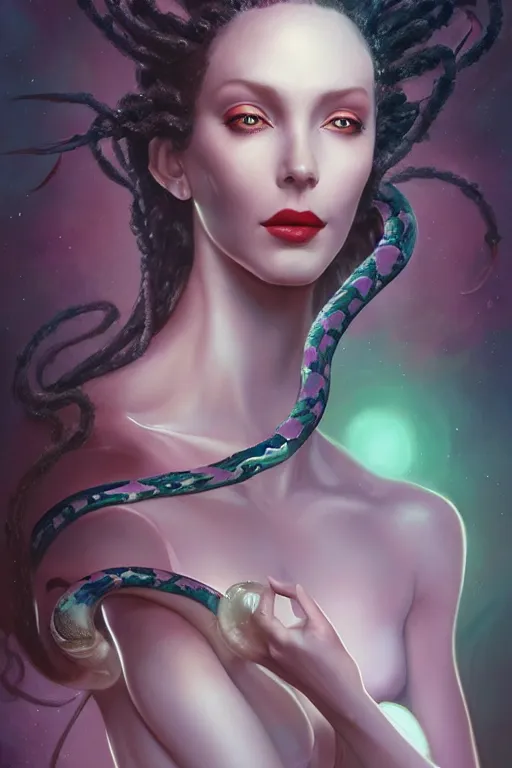 Image similar to portrait of an elegant alien woman queen with long floating snake dreads, straight on portrait, by artgerm, tom bagshaw, gerald brom, vaporwave colors, lo - fi colors, vaporwave, lo - fi, moody vibe, goth vibe, 4 k, hd,