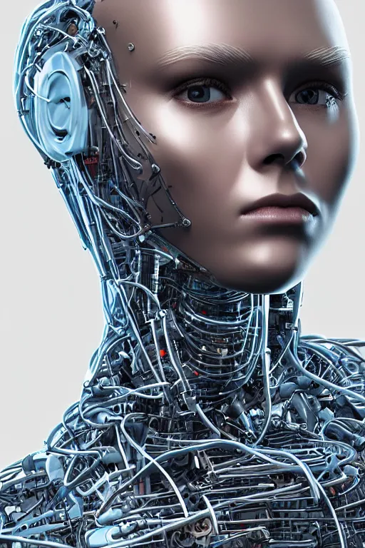 Image similar to robot with human face, female head, full body angle, woman human face, human face realistic, beautiful blonde hair, human head, human head with blonde hair, blonde hair human head, blonde hair, human realistic face, human head skin, cyborg frame concept, cyborg by ales-kotnik, sci-fi android female, the body is made of wires, robotic body, cyborg body, cyborg bust body, robot body cyborg, full body