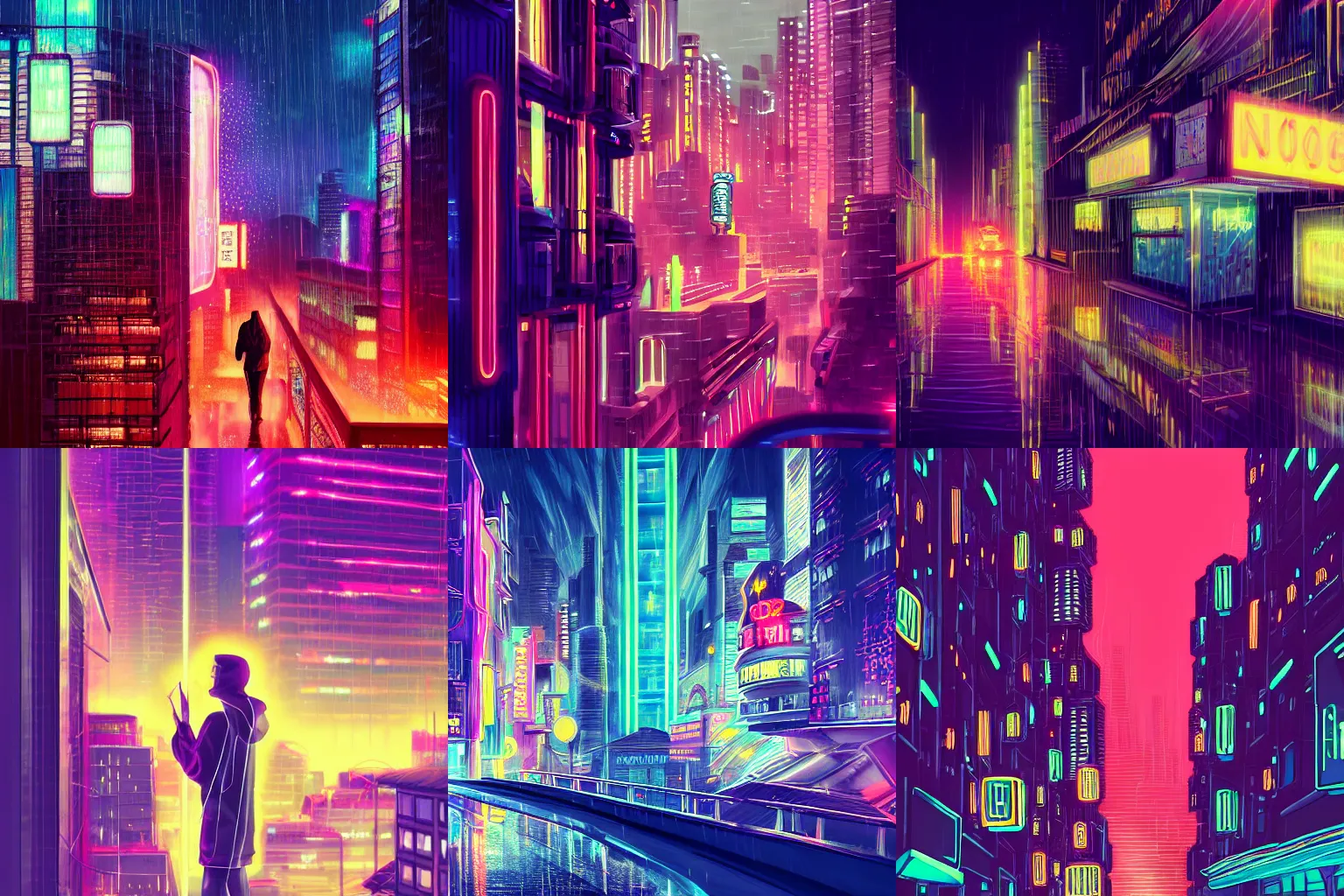 Prompt: Futuristic city filled with neon signs at night in the rain, close-up of a person wearing a hooded garment, leaning on a balcony railing with eyes closed, smoking a cigarette, digital art, trending on artstation