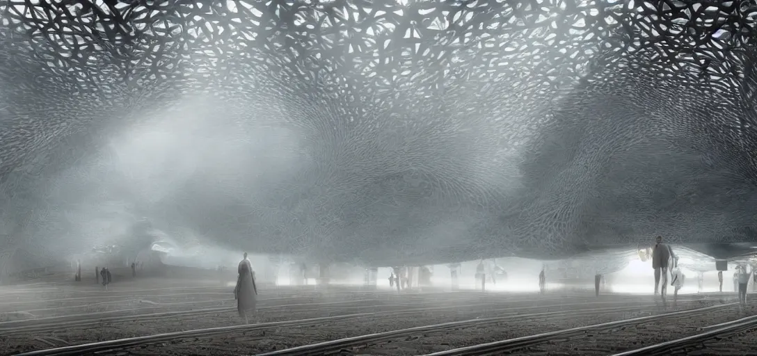 Prompt: a complex organic fractal 3 d metallic symbiotic ceramic duck shaped megastructure in a train station, foggy, sun rays, cinematic shot, photo still from movie by denis villeneuve, wayne barlowe