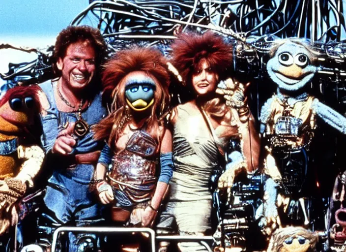 Image similar to scene from the 1 9 8 5 science fiction film muppet mad max beyond thunderdome