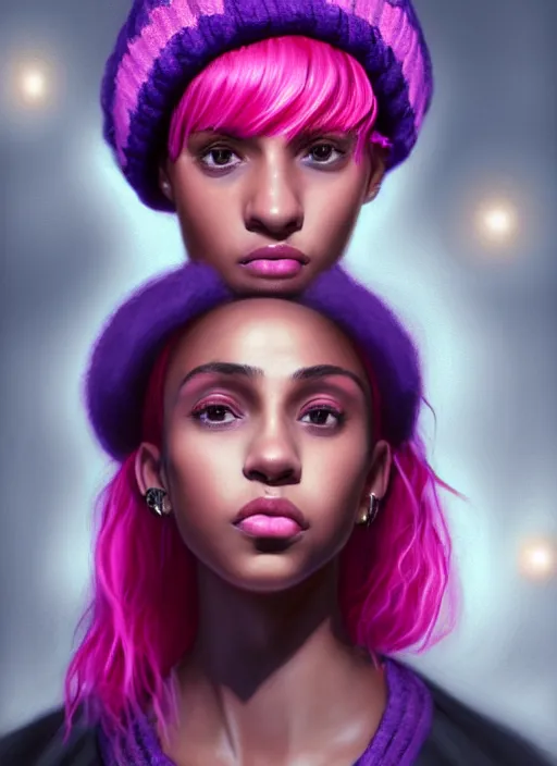 Image similar to portrait of teenage vanessa morgan with bright pink hair, black girl, curly pixie cut hair, wearing a purple breton cap, breton cap, hoop earrings, intricate, elegant, glowing lights, highly detailed, digital painting, artstation, concept art, smooth, sharp focus, illustration, art by wlop, mars ravelo and greg rutkowski