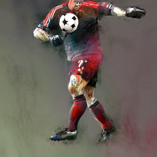 Prompt: A realistic hyperdetailed multi-colored digital oil full body portrait painting of a morbidly obese goal keeper saving a penalty, in the style of Guy Denning, Ruan Jia, and Craig Mullins. Trending on ArtStation and DeviantArt. CGSociety Digital art.