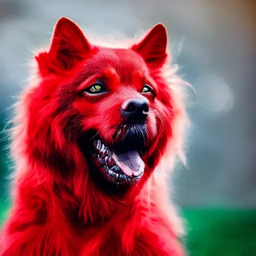 Image similar to ultra detailed photo of a demonic dog with red fur