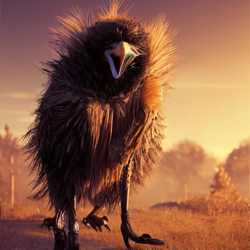 Prompt: Crow Fur-suit at furry convention, photo, center composition, golden hour, hyperrealistic, beautiful detailed intricate insanely detailed octane render trending on Artstation, trending on DeviantArt, 8K artistic photography, photorealistic, dramatic volumetric cinematic perfect light, award-winning photograph, masterpiece,