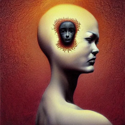 Image similar to dramatic portrait painting of woman with black mandelbrot fractal instead of face, in style of zdzisław beksinski, horror, body horror, dark, disturbing,